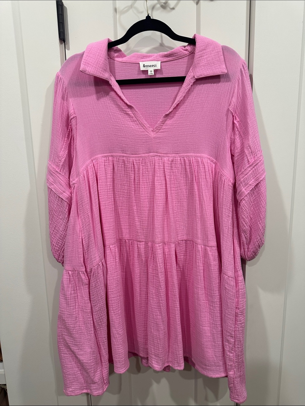Pink Gauze Tiered V-Neck Dress